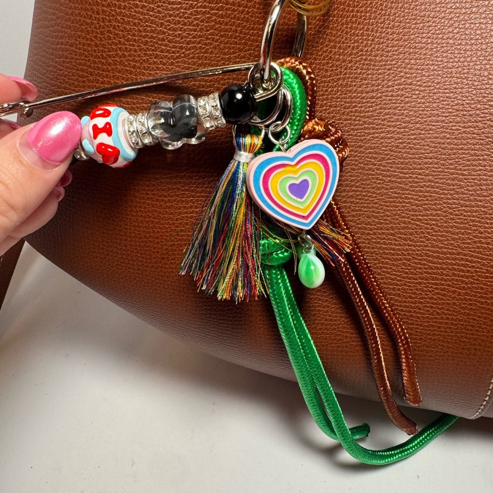 Boho Beaded LOVE Heart Bag Charm | Colorful Beads, Tassel & Rope Details - Picture 4 of 14